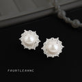 Silver Pearl Stud Earrings Clear CZ Starburst Halo view 3