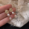 Gold Hammered Disc Double Baroque Pearl Drop Earrings view 2
