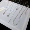 Silver Multi Layer Cross Pearl Necklace Rosary Style view 4