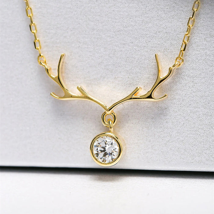Antler Pendant Necklace with Clear Round Drop in Three Tones