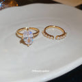Gold Oval Zircon Open Ring Set Solitaire Pave Band Pair view 4