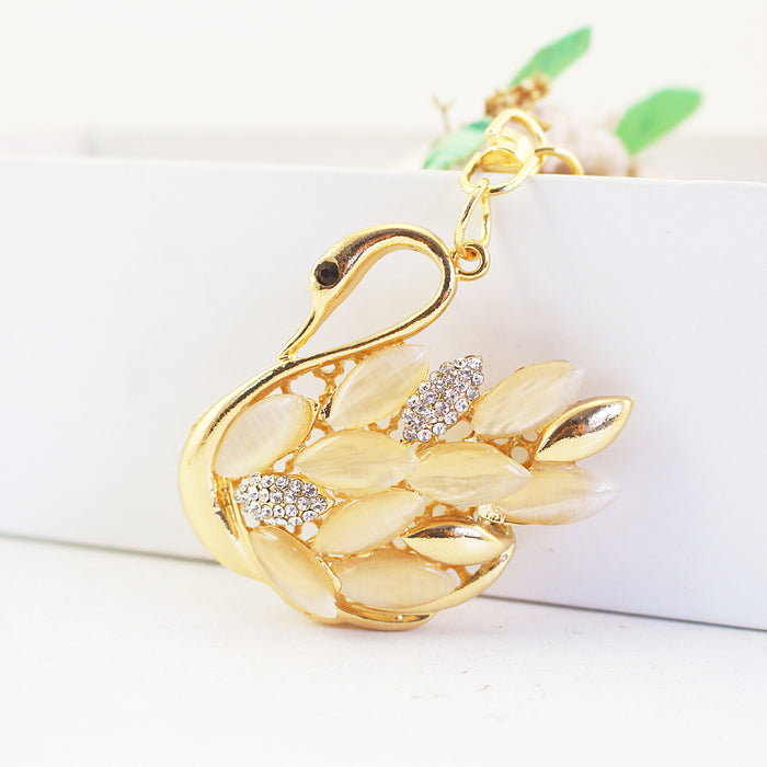 Cat Eye Rhinestone Crystal Swan Couple Keychain Bag Charm