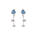 Blue Flower Bird and Crystal Look Chain Long Stud Earrings view 5