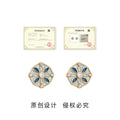 Gold Blue Cream Enamel Hexagon Floral Pattern Stud Earrings view 3