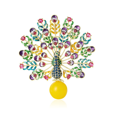 Front view of the multicolor peacock brooch and its color options