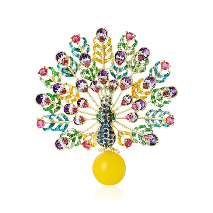 Multicolor Peacock Brooch With Faceted Crystals And Polished Metal Details