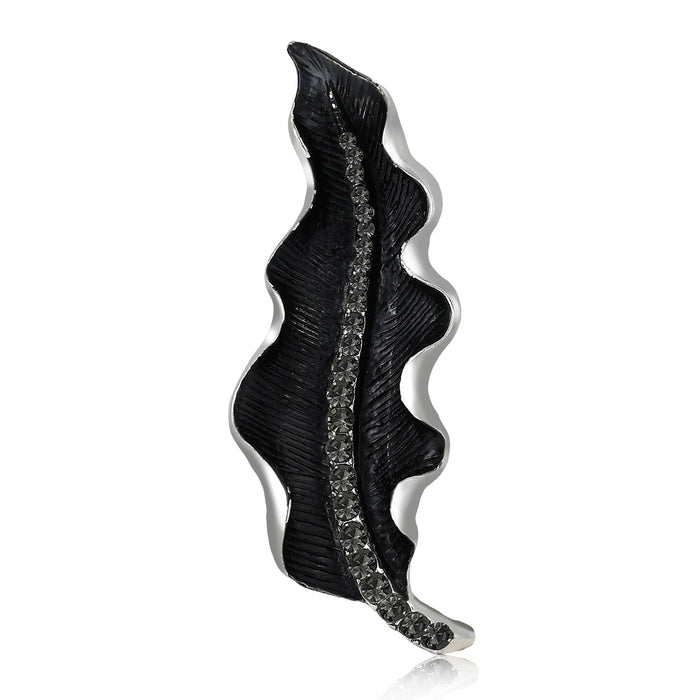 Black Textured Leaf Brooch Silver Rim Dark Crystal Midrib