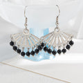 Silver Tone Fan Black Bead Fringe Long Hook Earrings view 1