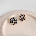 Black Camellia Flower Stud Earrings Pearl Gold Border view 4