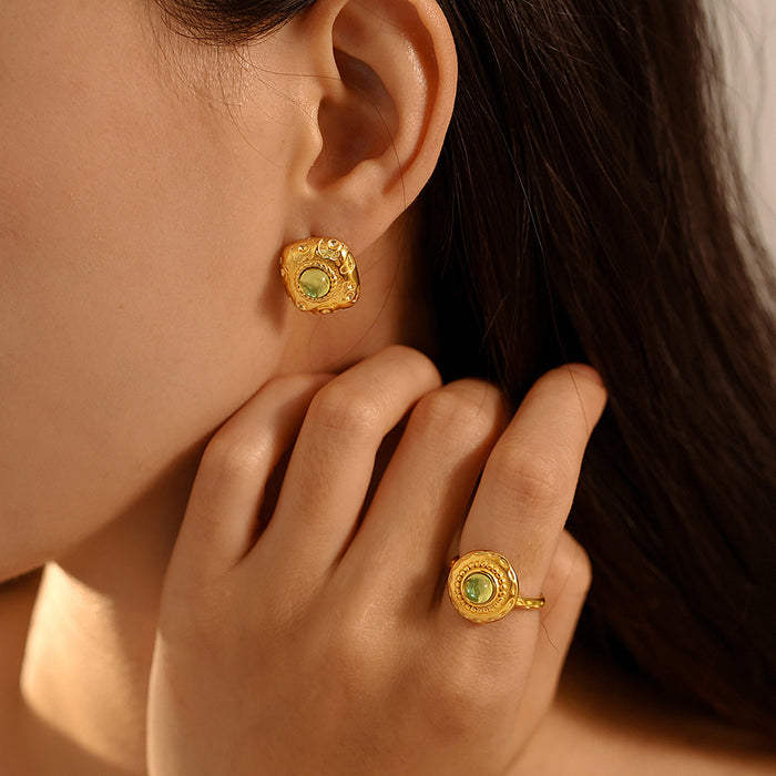 Green Glass Square Stud Earrings And Open Disc Rings