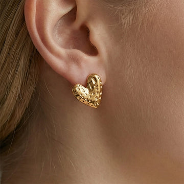 Hammered Heart Stud Earrings Gold Or Steel Stainless Steel