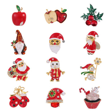 Red Gold Tone Santa Claus Twelve Designs Metal Brooch Pin