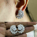Silver Tone Floral Leaf Crystal Crescent Earrings Fashion Jewelry view 2