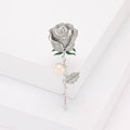 Pavé Crystal Rose Stem Brooch Pearl Green Enamel Gold Silver view 7