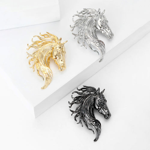 Sculpted Horse Head Brooch in Three Metal Tones angled front view