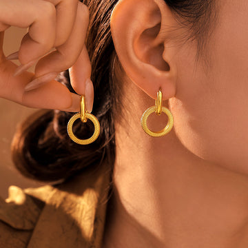 Gold Threaded Double Circle Drop Hoop Earrings Stainless Steel