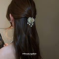 Gold Tone Floral Hair Claws With Green Chain Fringe Or Pearl Like Drops view 3