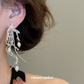 Silver Tone Branch Drop Earrings with White Pearl Accents view 3