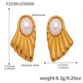 Fan Shell Pearl Stud Earrings Gold And Steel Tone Pair view 6