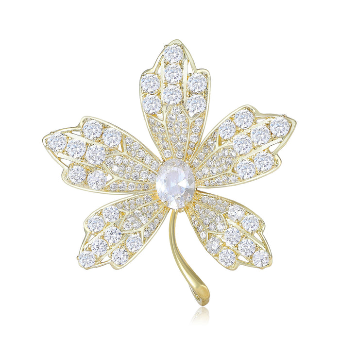 White Marquise Crystal Maple Leaf Brooch in Gold Tone