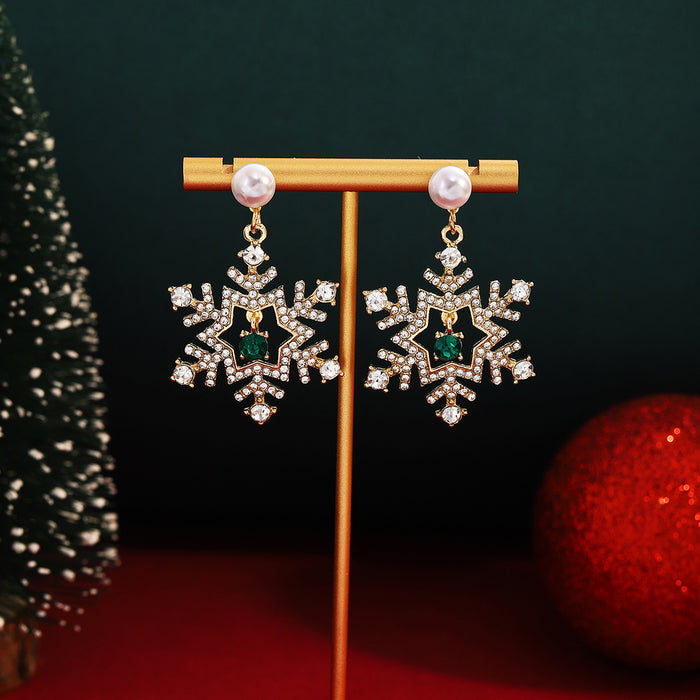 Snowflake Green Center Pearl Look Holiday Stud Earrings