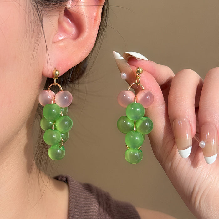 Green and Pink Bead Grape Cluster Gold Hook Earrings