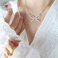 Faux Pearl Bow Pendant Gold Cable Chain Necklace Collar Style view 3