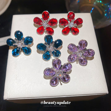Crystal Flower Stud Earrings In Purple Blue And Red