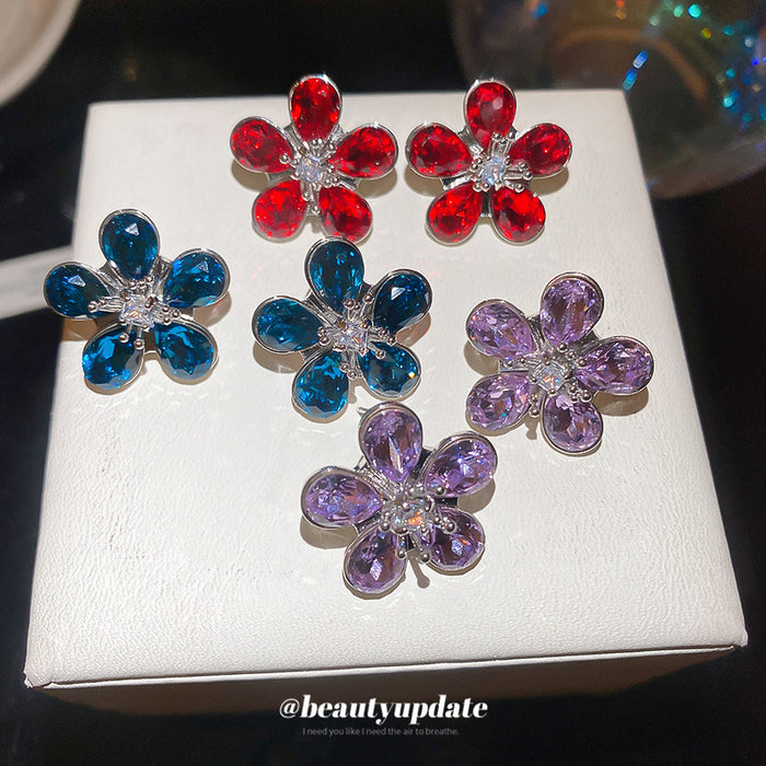 Crystal Flower Stud Earrings In Purple Blue And Red