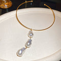Gold Tone Collar Necklace with Faux Pearl Drop Trio view 6
