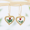 Gold Tone Pressed Flower Heart Drop Earrings with Long Hooks view 1