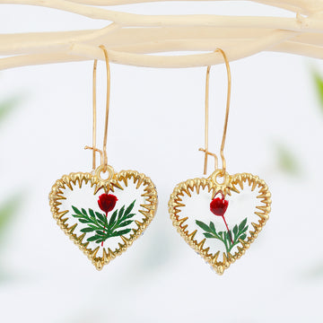 Gold Tone Pressed Flower Heart Drop Earrings with Long Hooks