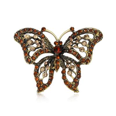 Amber brown rhinestone butterfly brooch antique gold front view