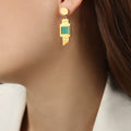 Gold Geometric Drop Earrings Watch Face Shell Crystal Stripe view 1
