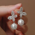 Gold and Silver Butterfly Crystal Pearl Drop Earrings view 6