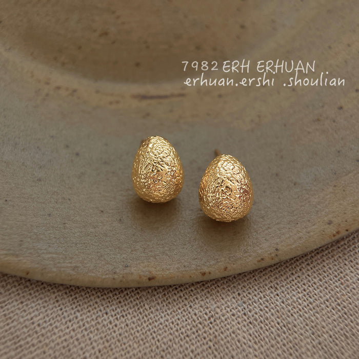 Gold Textured Egg Stud Earrings Matte Pebble Surface