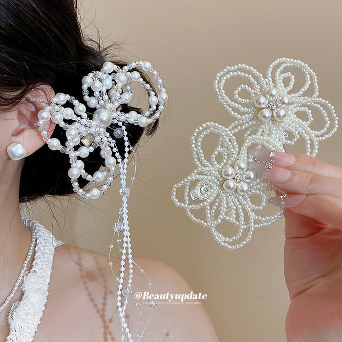 White Pearl Openwork Flower Duckbill Hair Clips Two Styles