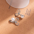 White Bow Pearl Look Extra Long Dangle Stud Earrings view 3