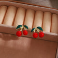 Red Double Cherry and Green Leaf Novelty Stud Earrings view 6