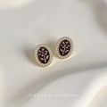 Gold Oval Wine Red Flower Enamel Stud Earrings Pearl Border view 3