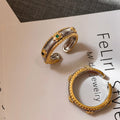 Gold Silver Ribbed Open Ring Green Stone Beaded Band view 4