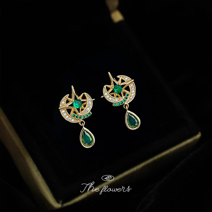 Gold-Tone Moon Star Green Crystal Teardrop Drop Earrings