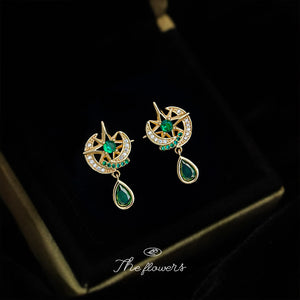 Gold-Tone Moon Star Green Crystal Teardrop Drop Earrings