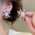 Silver Tone Red Crystal Firework Pearl Stud Earrings view 2