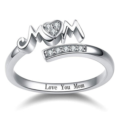 Silver MOM heart open ring front studio view