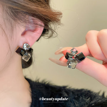 Black and Gray Geometric Crystal Cluster Stud Earrings