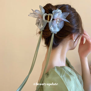 Gray-Green Butterfly Hair Claw with Pearl-Look Center and Ribbons