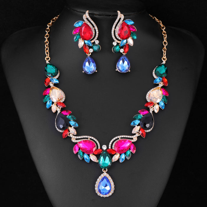 Black Silver Tone Multicolor Crystal Vine Six Designs Metal Necklace and Earring Set