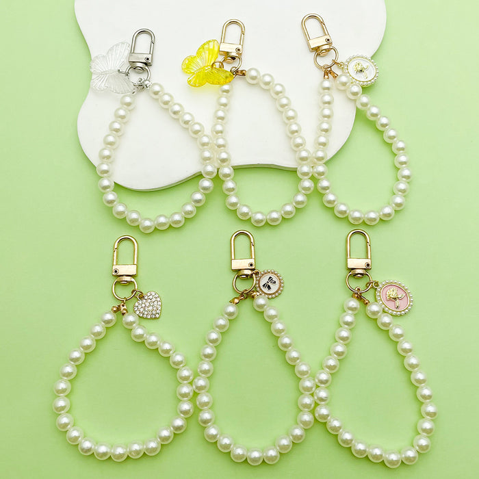 Pearl Bead Wristlet Keychain With Butterfly And Rose Charms