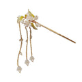 Gold Tone Fan Hair Stick With Pearl Like Chains And Leaf Drops view 5